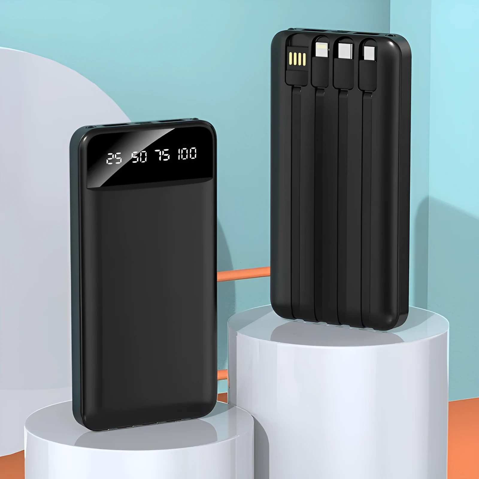 20000 mAh power bank with charging cable showing compact 140 x 71 x 17 mm dimensions and plastic shell construction