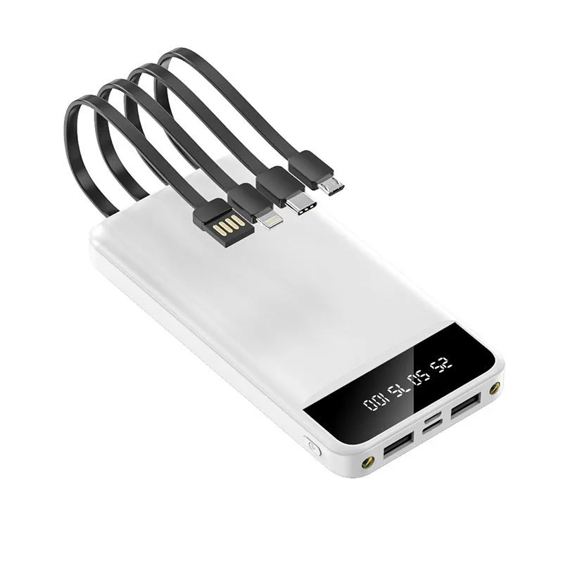 20000 mAh power bank with charging cable showing compact 140 x 71 x 17 mm dimensions and plastic shell construction