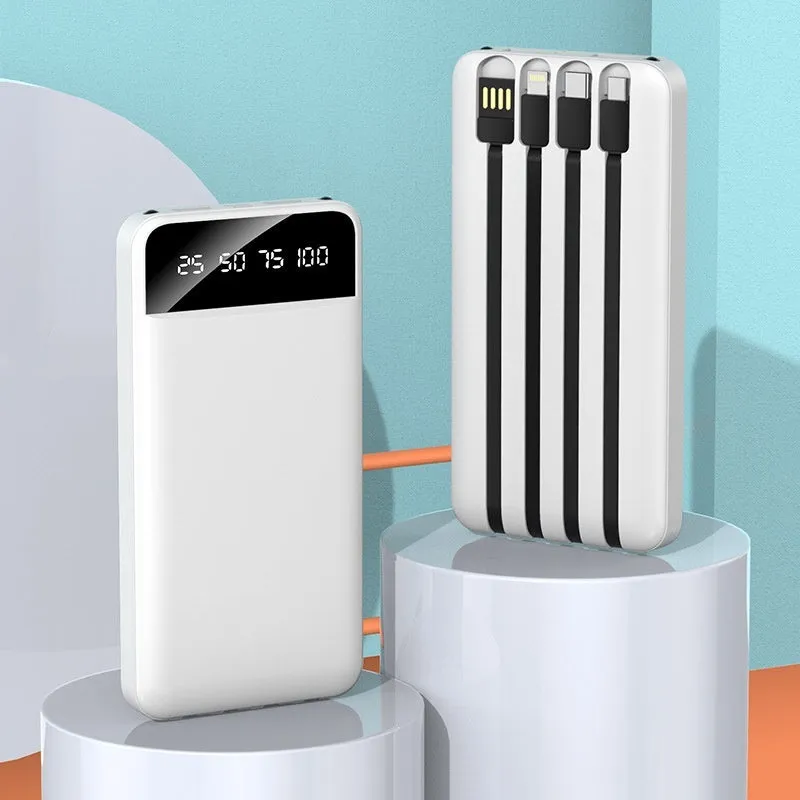 20000 mAh power bank with charging cable showing compact 140 x 71 x 17 mm dimensions and plastic shell construction