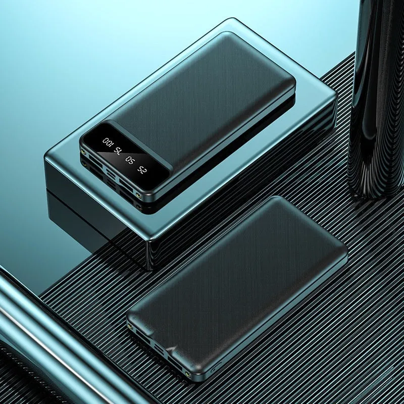 20000 mAh power bank with charging cable showing compact 140 x 71 x 17 mm dimensions and plastic shell construction