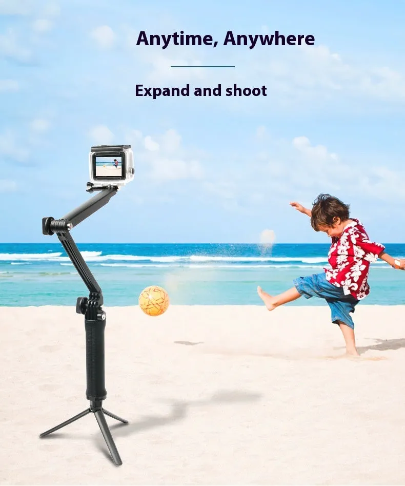 Black portable folding camera tripod storage bracket for GoPro Hero action cameras on a white background.