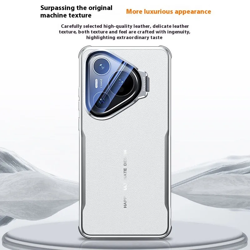 Black plain leather Huawei phone case with an invisible kickstand deployed.
