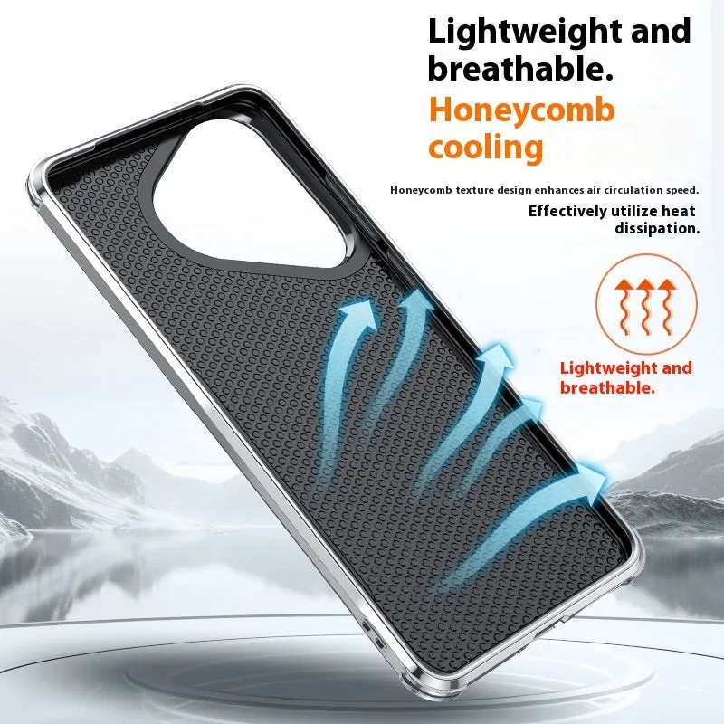 Black plain leather Huawei phone case with an invisible kickstand deployed.