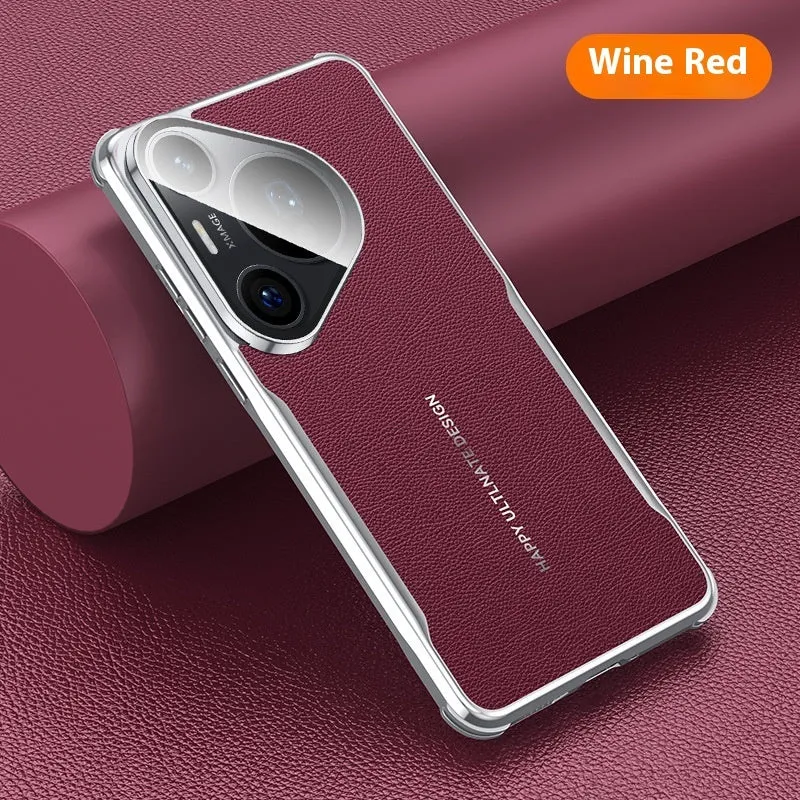 Black plain leather Huawei phone case with an invisible kickstand deployed.