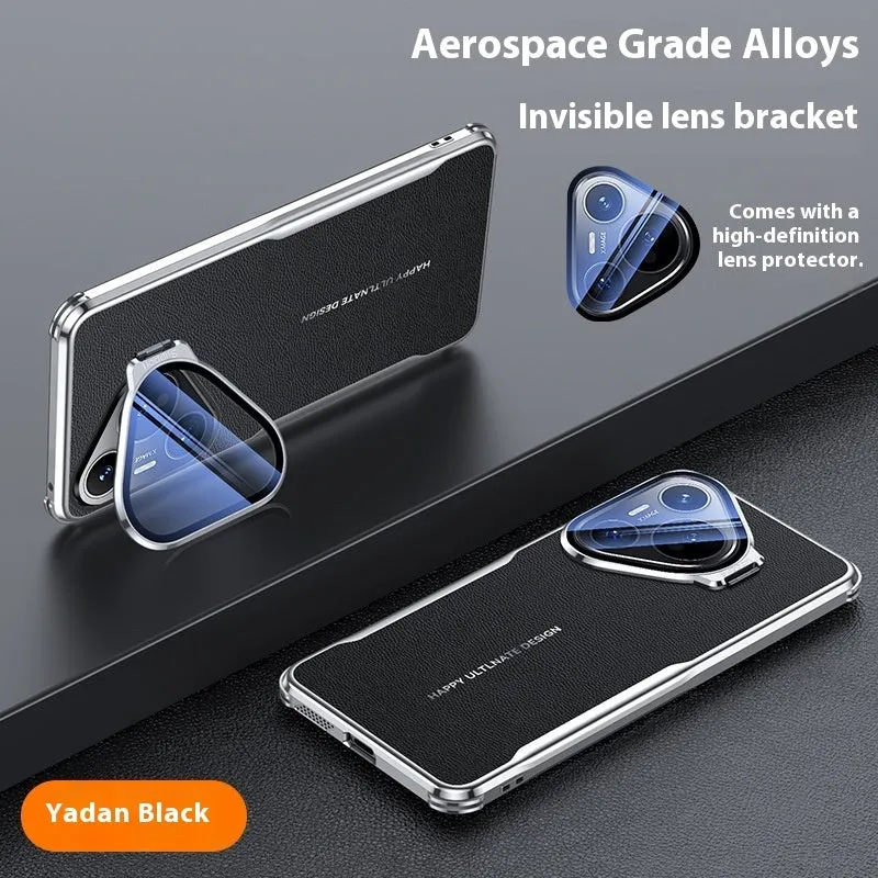 Black plain leather Huawei phone case with an invisible kickstand deployed.