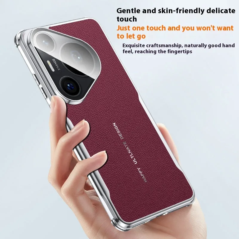 Black plain leather Huawei phone case with an invisible kickstand deployed.
