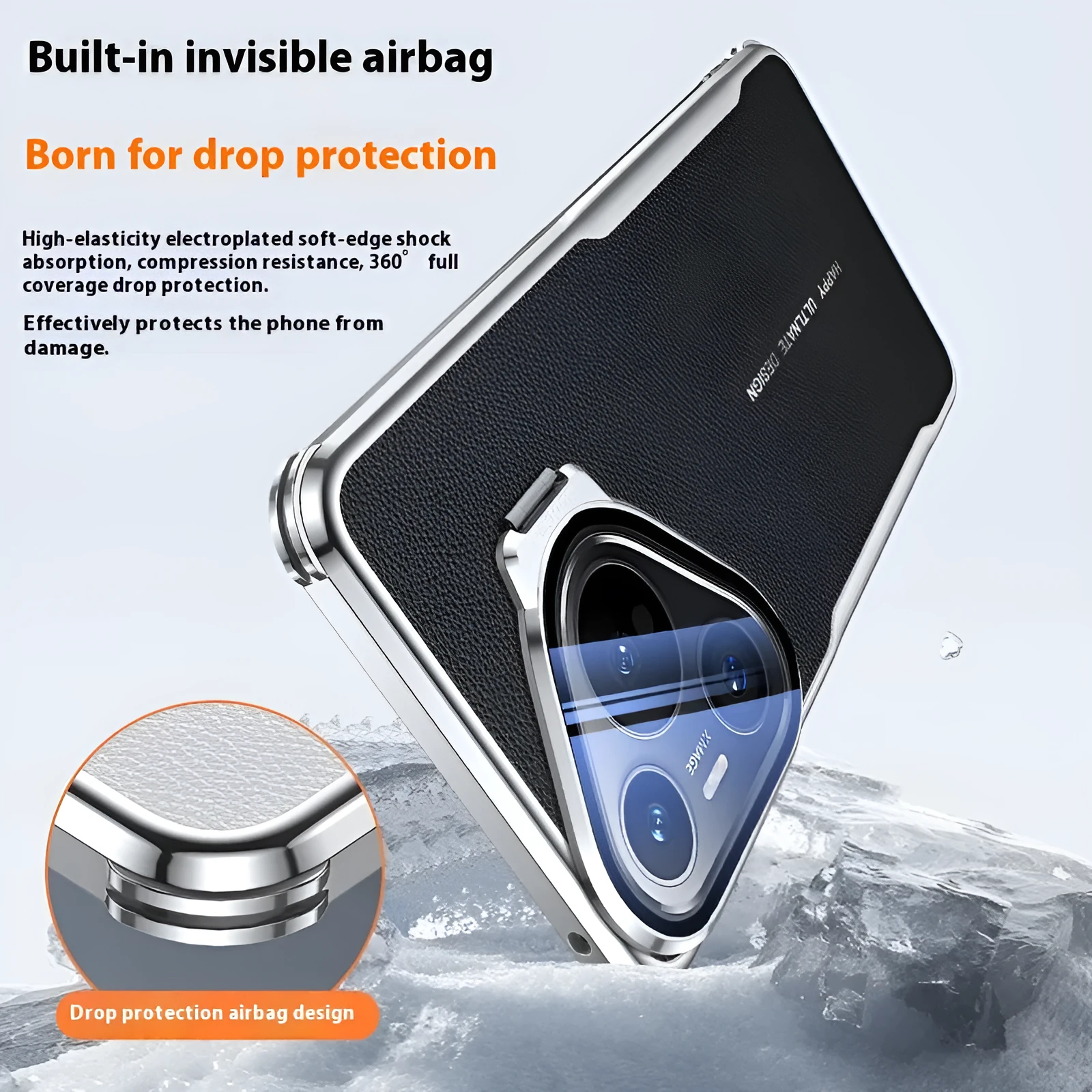 Black plain leather Huawei phone case with an invisible kickstand deployed.