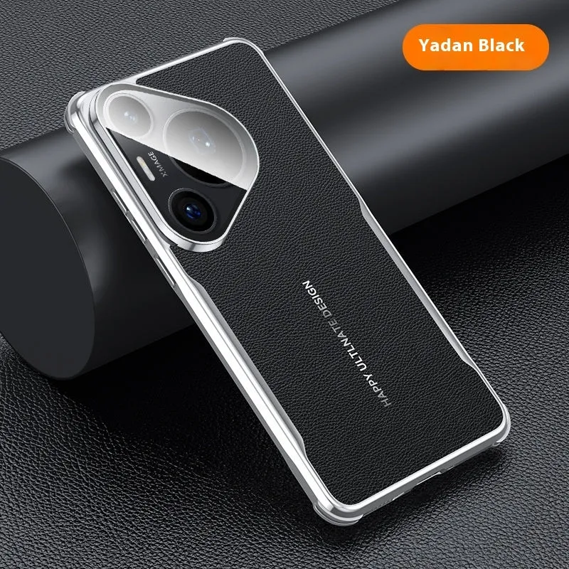 Black plain leather Huawei phone case with an invisible kickstand deployed.