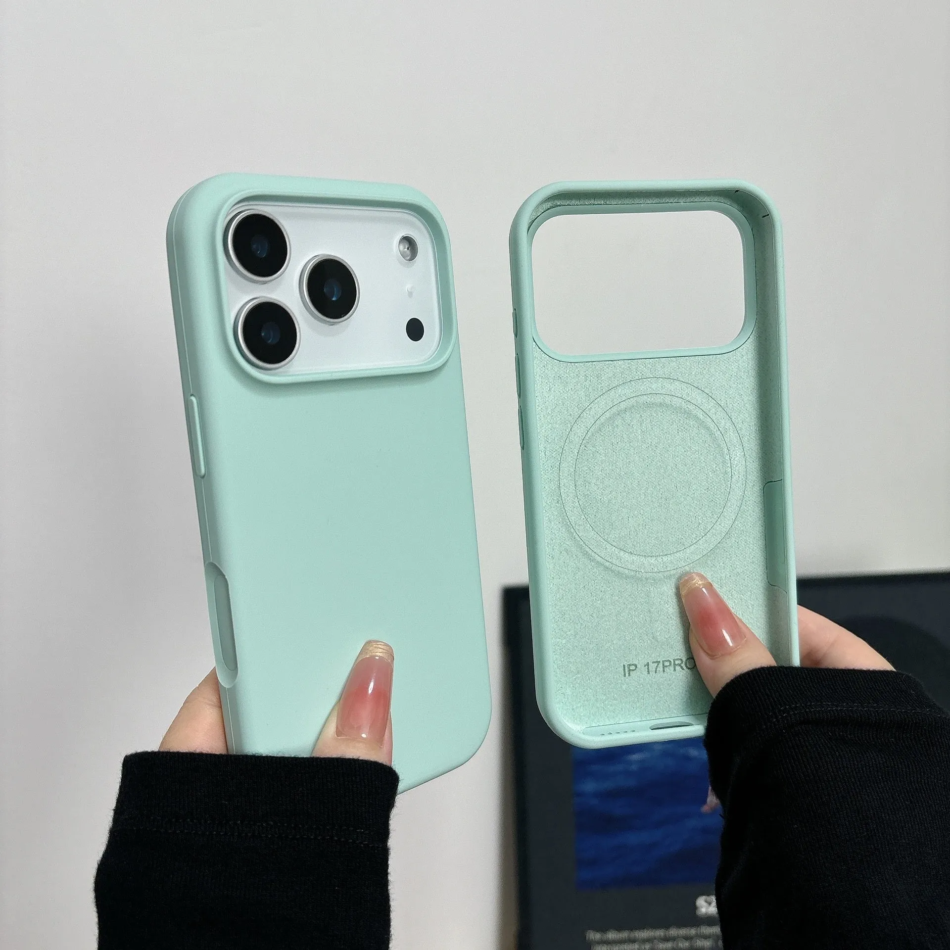 Liquid silicone magnetic iPhone case in antique white colour showing magnetic charging compatibility