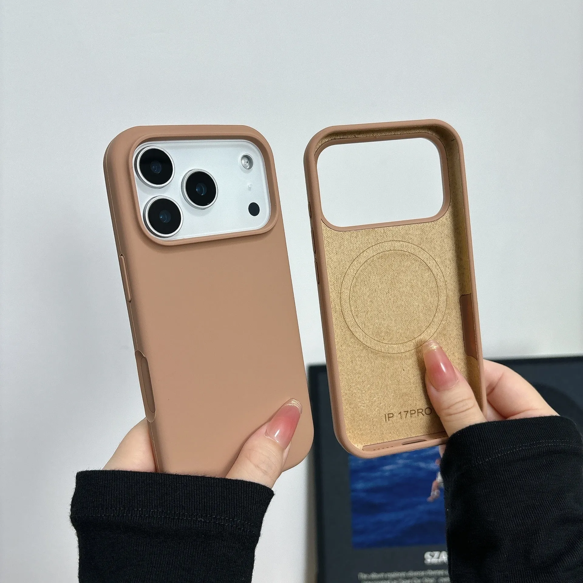 Liquid silicone magnetic iPhone case in antique white colour showing magnetic charging compatibility