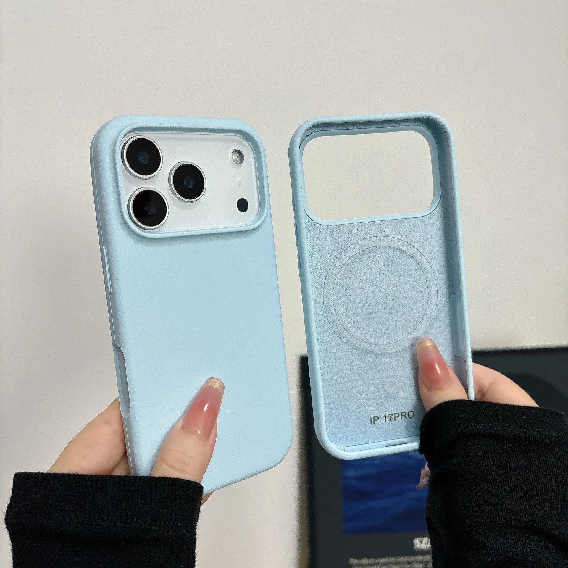 Liquid silicone magnetic iPhone case in antique white colour showing magnetic charging compatibility