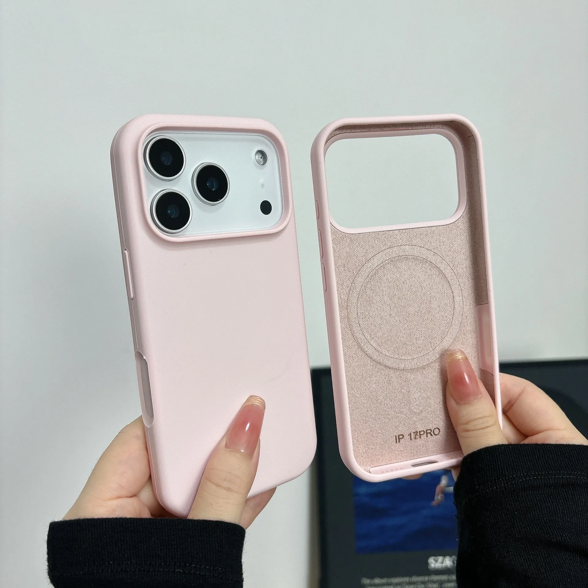 Liquid silicone magnetic iPhone case in antique white colour showing magnetic charging compatibility