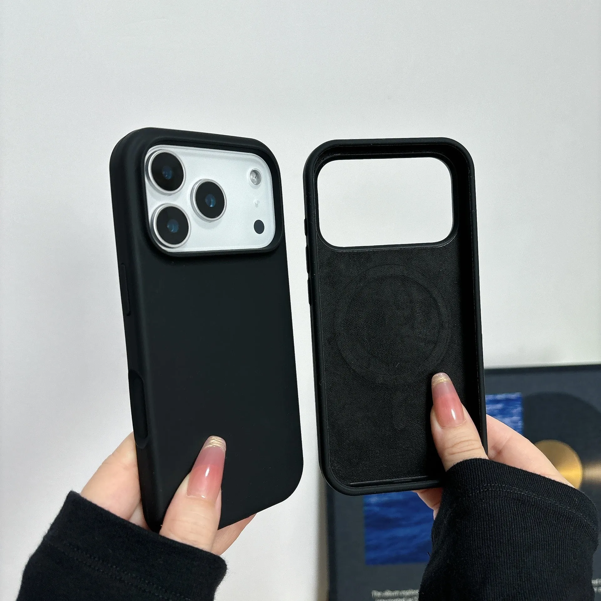 Liquid silicone magnetic iPhone case in antique white colour showing magnetic charging compatibility