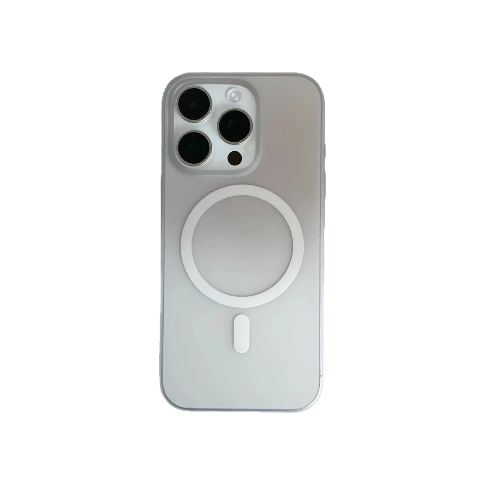 Gradient frosted blue magnetic suction protective case for iPhone on a table.