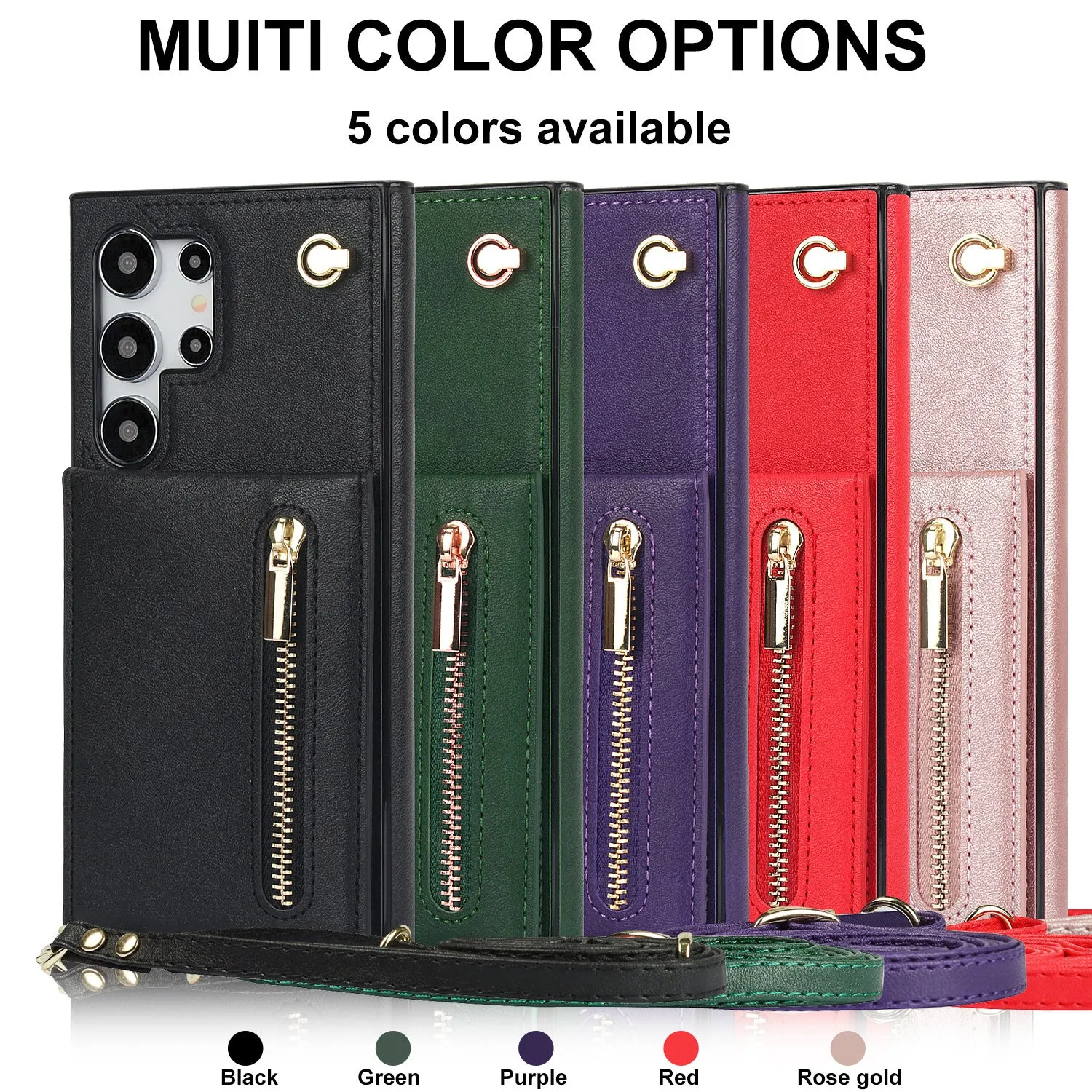 Handmade PU TPU leather Samsung phone case with bracket, card slots and crossbody zipper in multiple colours
