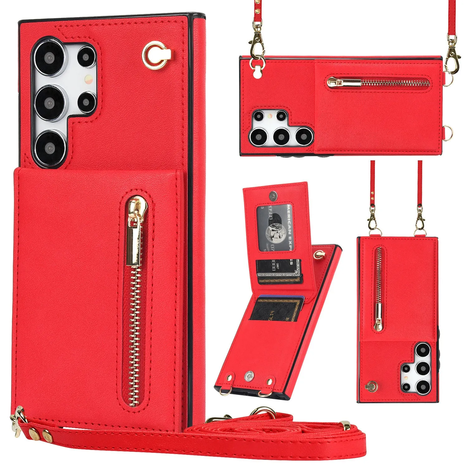 Handmade PU TPU leather Samsung phone case with bracket, card slots and crossbody zipper in multiple colours