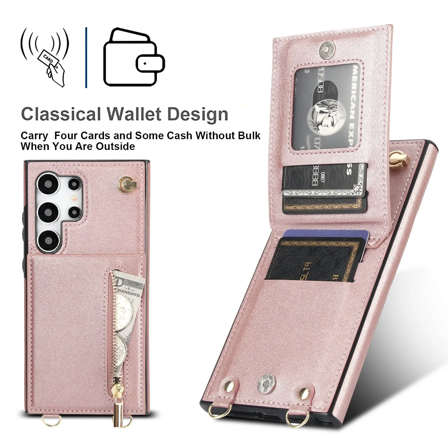 Handmade PU TPU leather Samsung phone case with bracket, card slots and crossbody zipper in multiple colours
