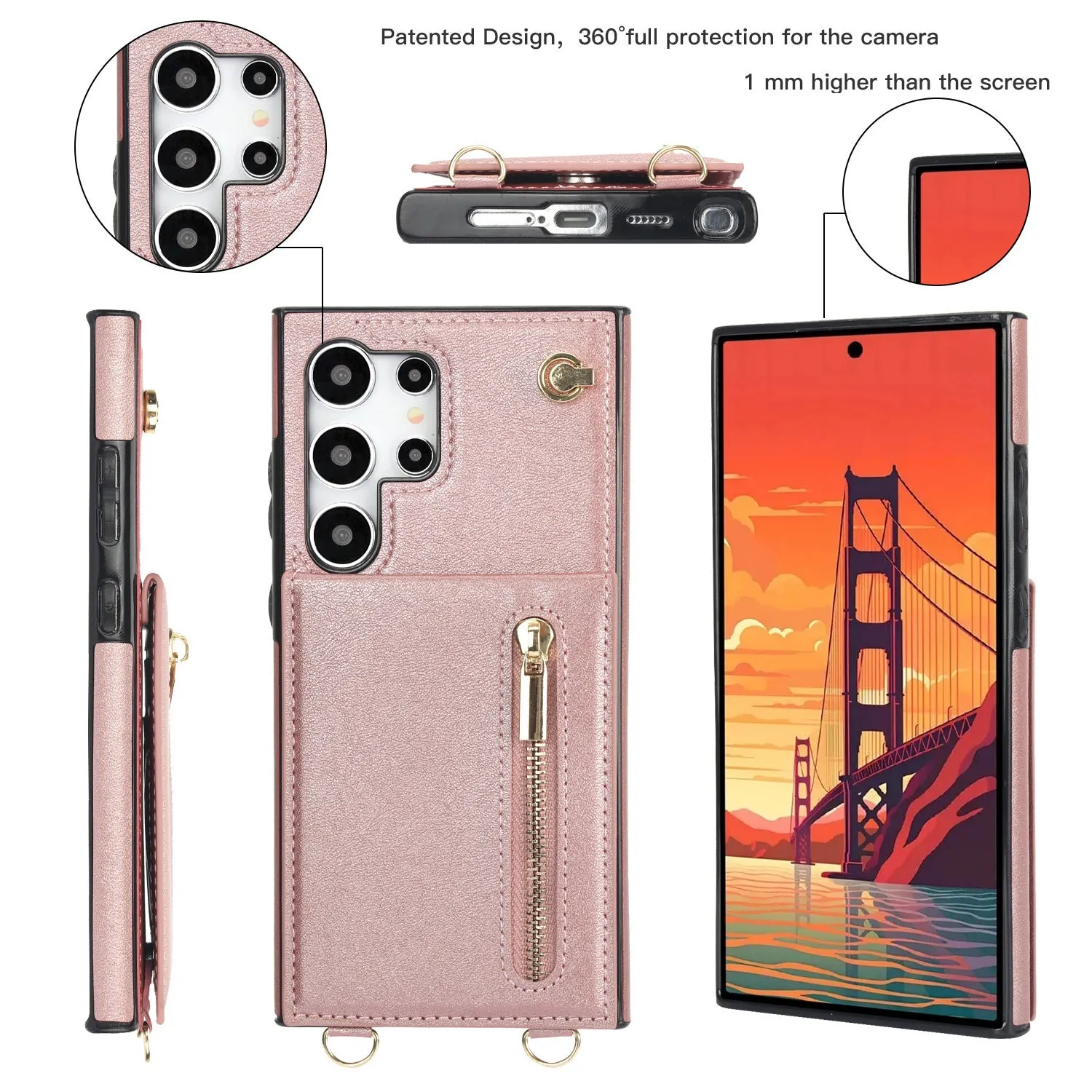 Handmade PU TPU leather Samsung phone case with bracket, card slots and crossbody zipper in multiple colours