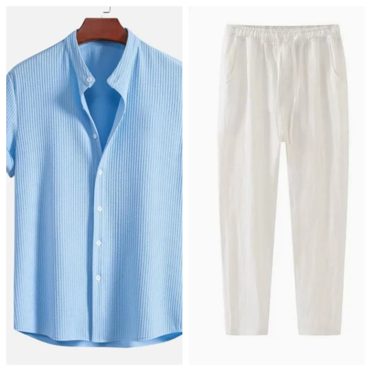 Man wearing a loose-fitting short sleeve summer shirt in a solid colour, showing the relaxed fit and short sleeves.