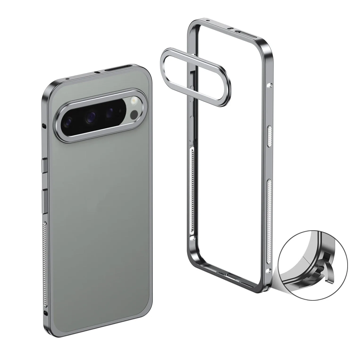 Aluminum alloy heat dissipation phone case for Google Pixel 9 in black, showing half-pack design and bracket.