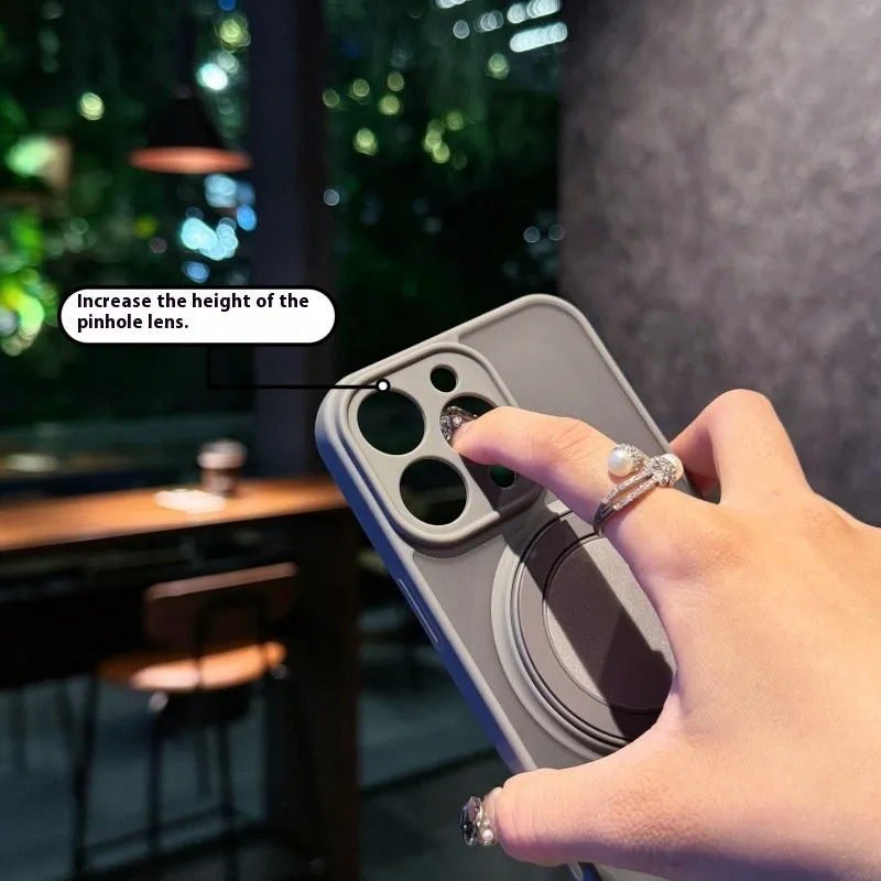 Frosted transparent magnetic iPhone case with a built-in kickstand, shown in plum colour.