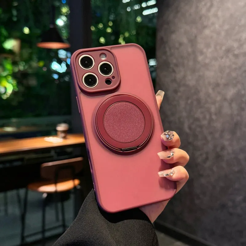 Frosted transparent magnetic iPhone case with a built-in kickstand, shown in plum colour.