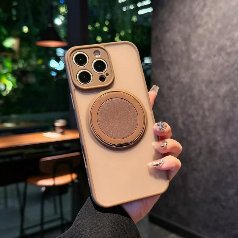 Frosted transparent magnetic iPhone case with a built-in kickstand, shown in plum colour.