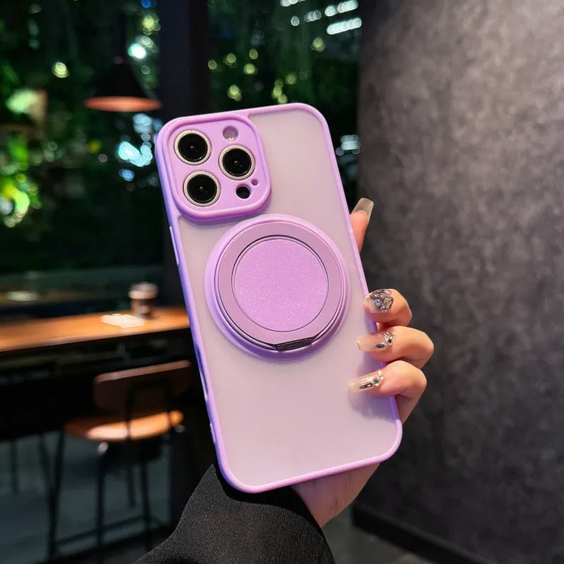 Frosted transparent magnetic iPhone case with a built-in kickstand, shown in plum colour.