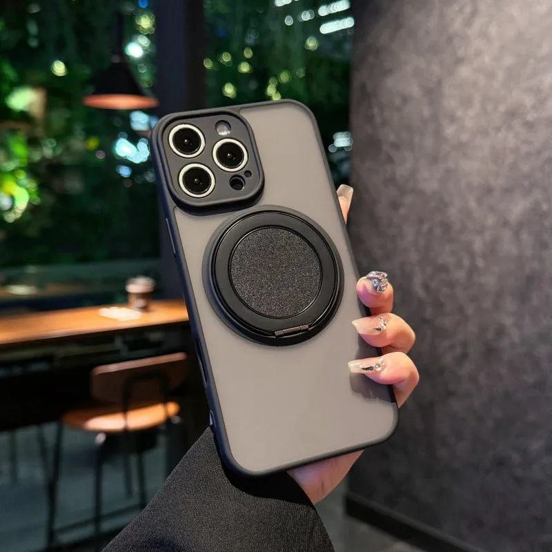 Frosted transparent magnetic iPhone case with a built-in kickstand, shown in plum colour.