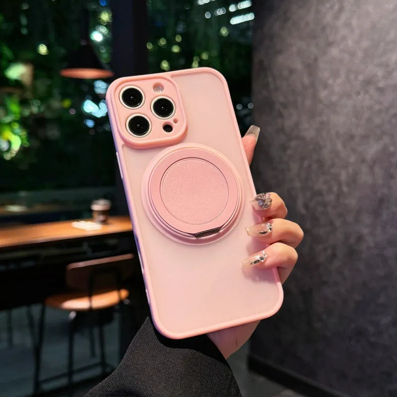 Frosted transparent magnetic iPhone case with a built-in kickstand, shown in plum colour.
