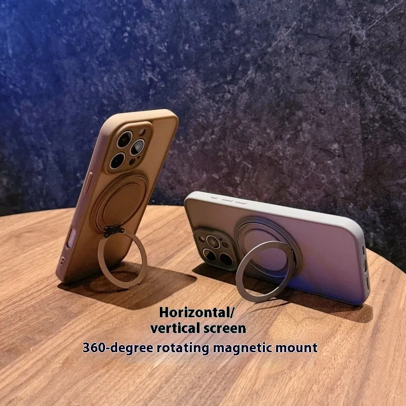 Frosted transparent magnetic iPhone case with a built-in kickstand, shown in plum colour.