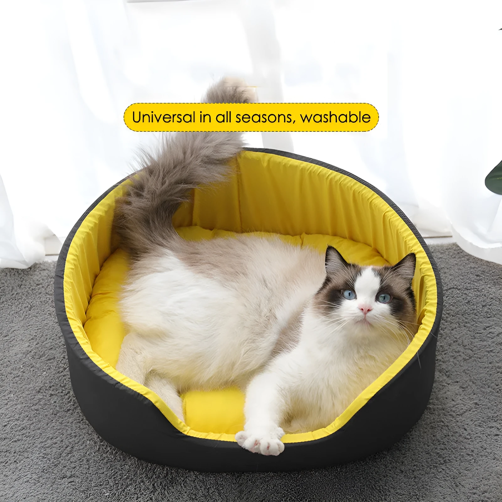Washable cloth winter pet kennel for cats and dogs in black or green, shown in small, medium, and large sizes.