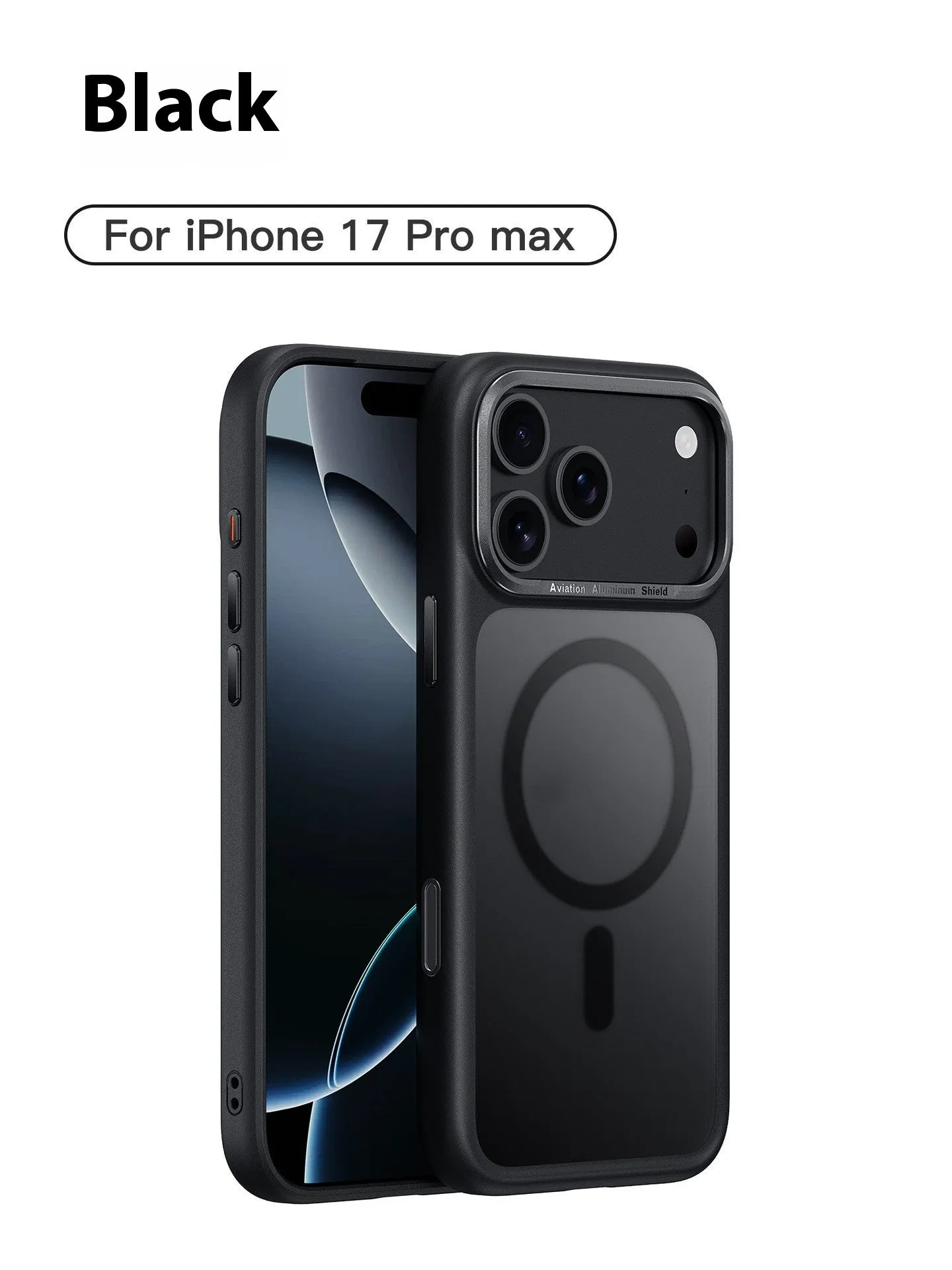 Frosted magnetic iPhone 17 phone case shown in multiple colours including black, white, and desert gold.