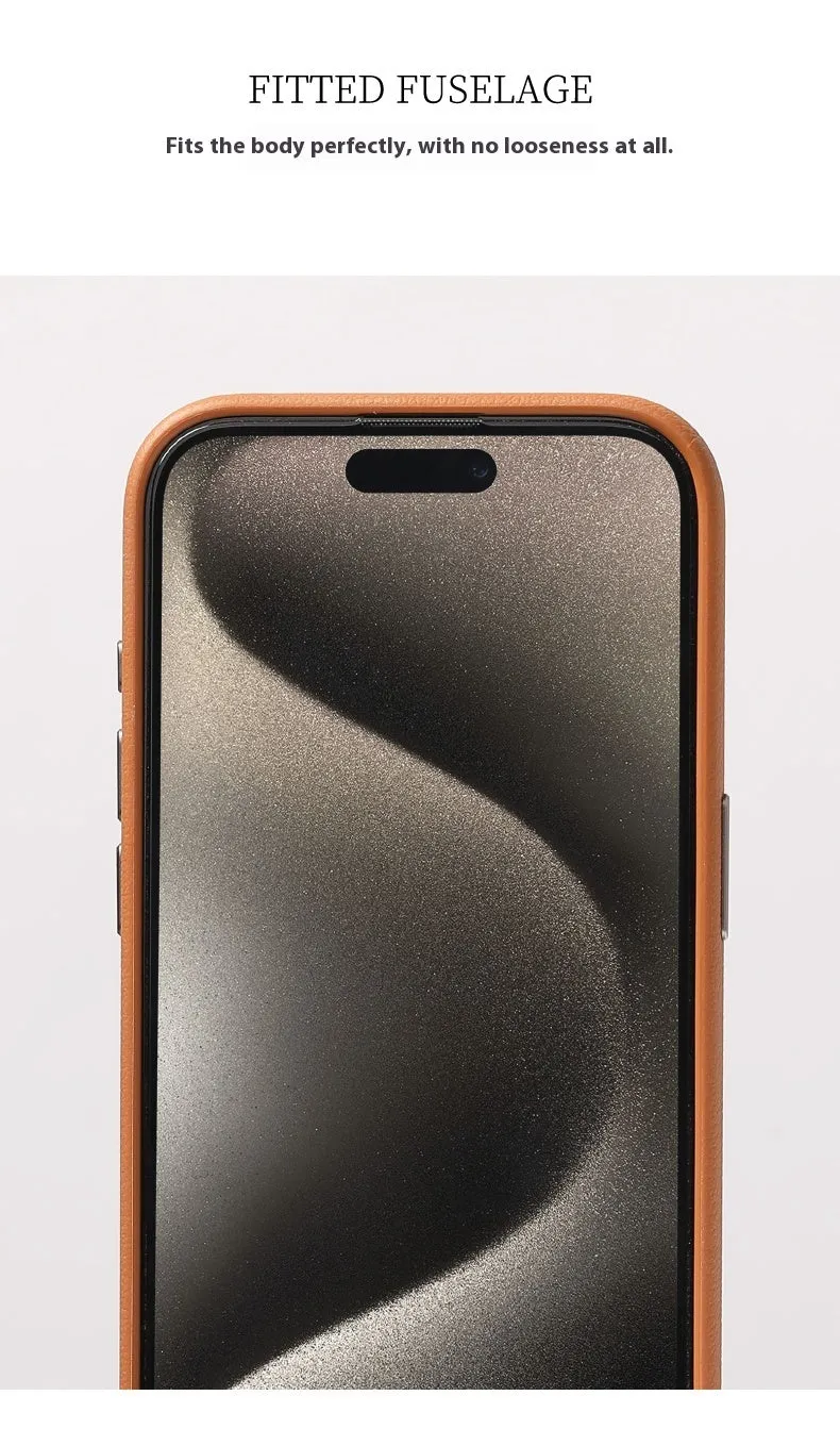 Black genuine leather iPhone case with alloy metal camera protection frame and MagSafe magnetic ring