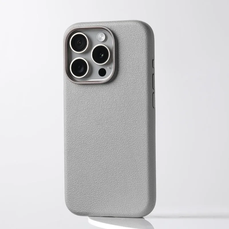Black genuine leather iPhone case with alloy metal camera protection frame and MagSafe magnetic ring