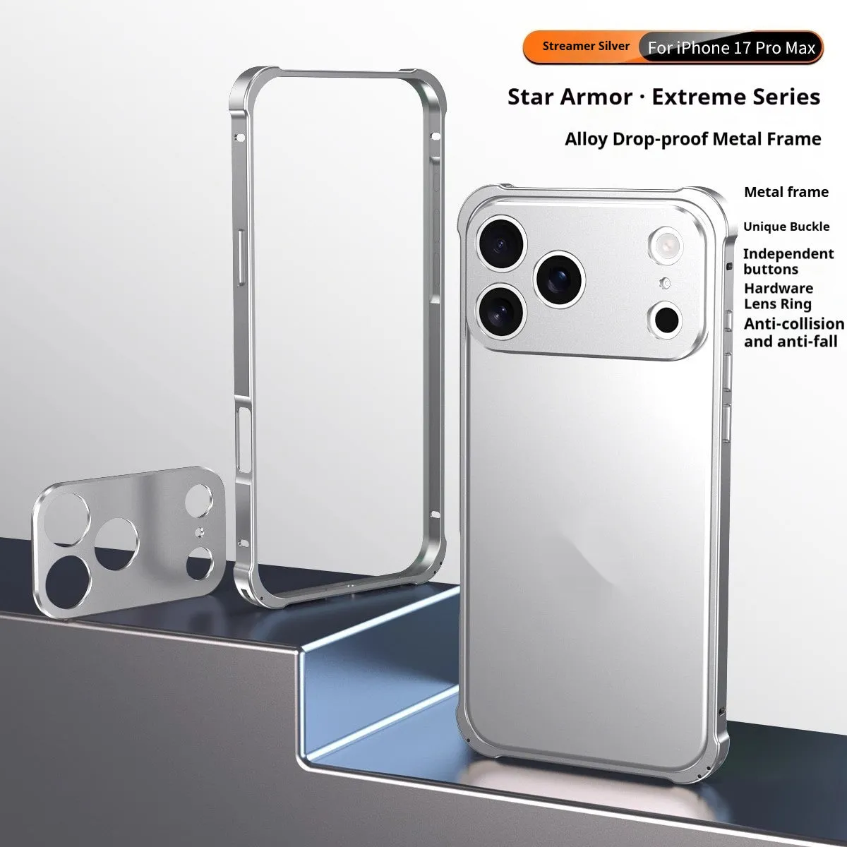 Metal alloy iPhone 17 case with seahorse buckle and reinforced corners in five colour options