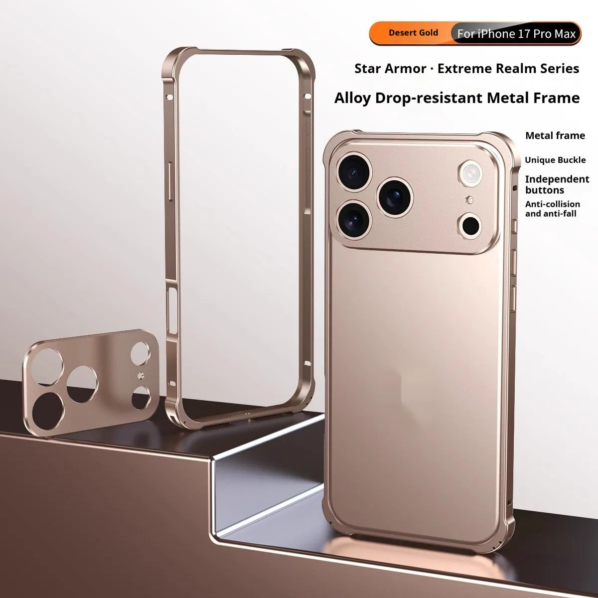 Metal alloy iPhone 17 case with seahorse buckle and reinforced corners in five colour options