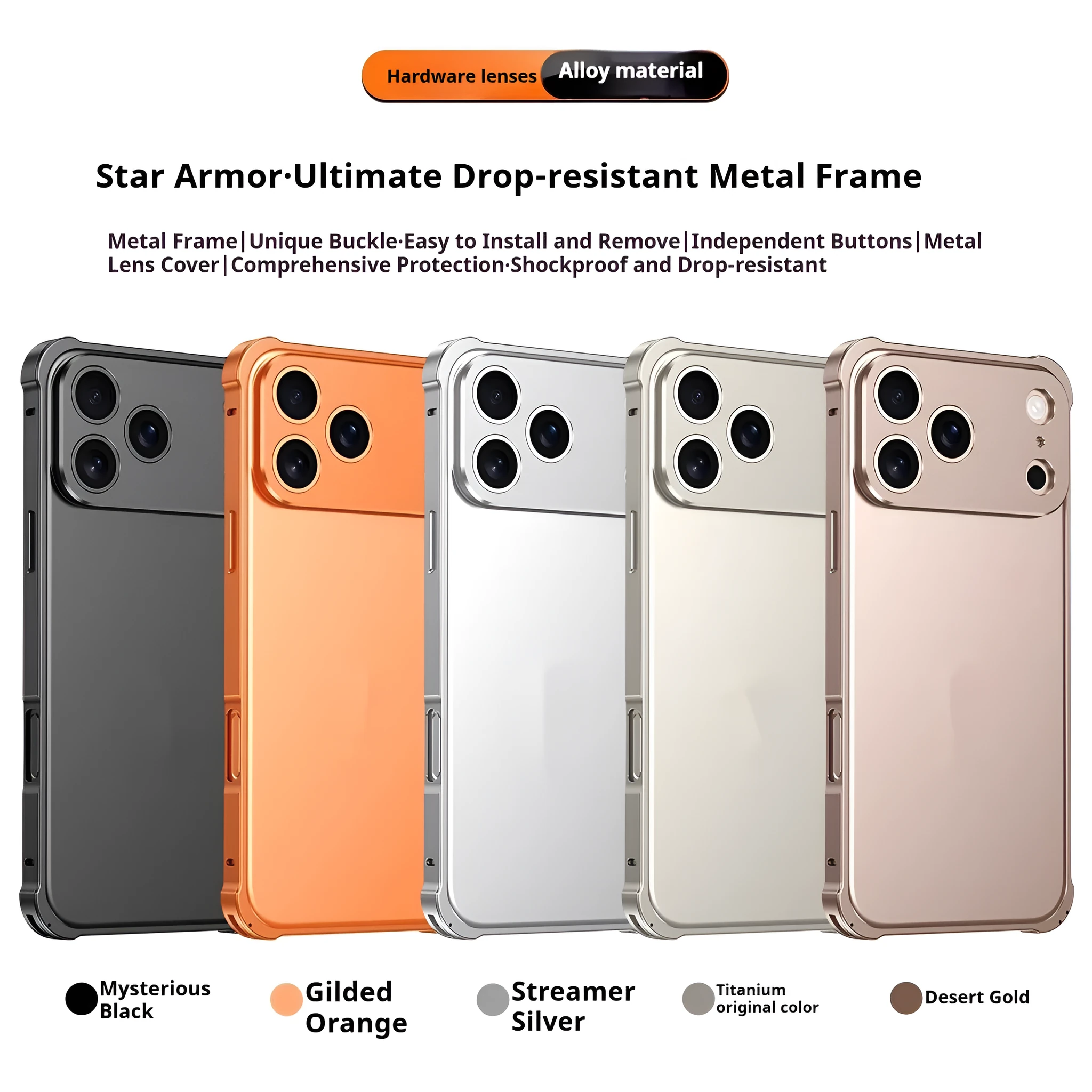 Metal alloy iPhone 17 case with seahorse buckle and reinforced corners in five colour options