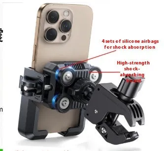 Black aluminium alloy shock absorber motorcycle phone bracket mounted on a handlebar.