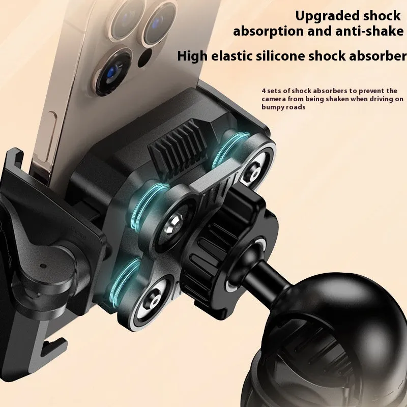 Black aluminium alloy shock absorber motorcycle phone bracket mounted on a handlebar.