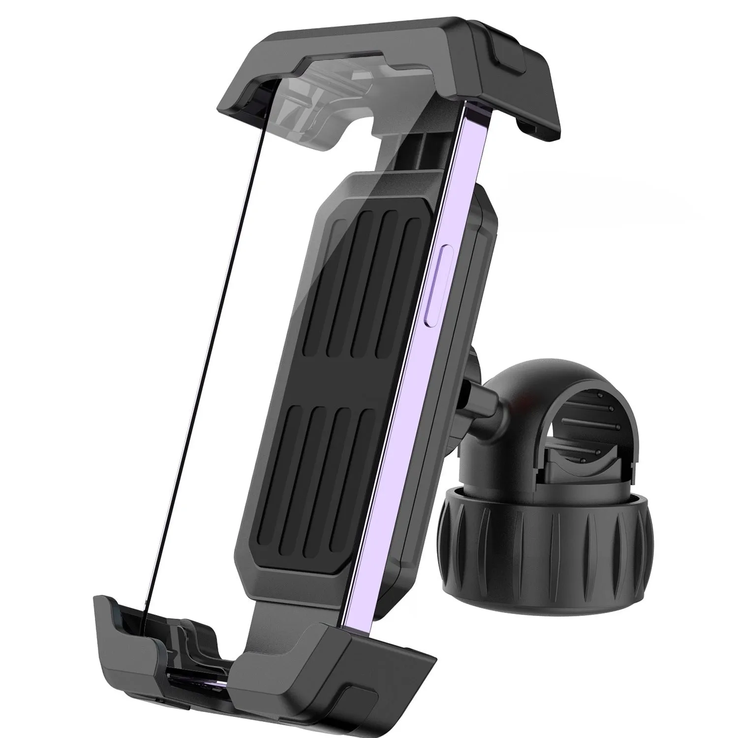 Black aluminium alloy shock absorber motorcycle phone bracket mounted on a handlebar.