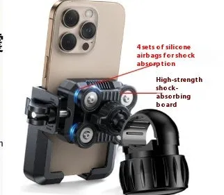 Black aluminium alloy shock absorber motorcycle phone bracket mounted on a handlebar.