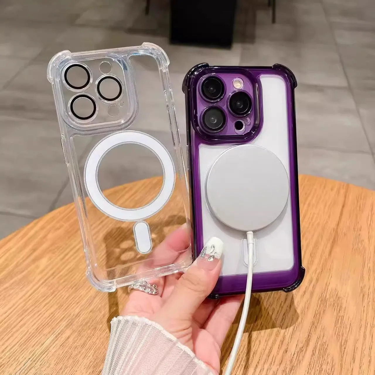Transparent magnetic airbag silicone phone case with lens protector for iPhone models.