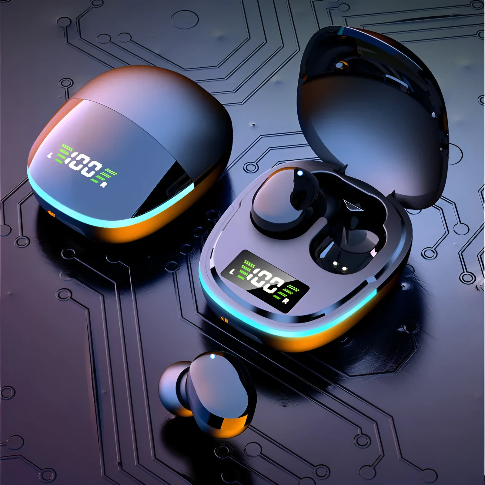 Black wireless Bluetooth in-ear headphones and magnetic charging case on a table.