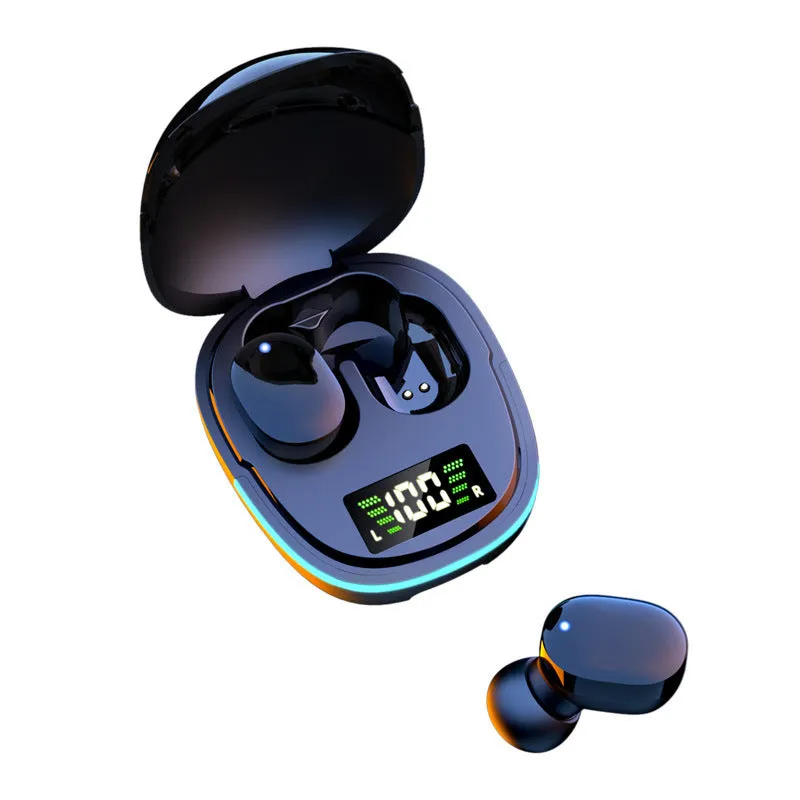 Black wireless Bluetooth in-ear headphones and magnetic charging case on a table.