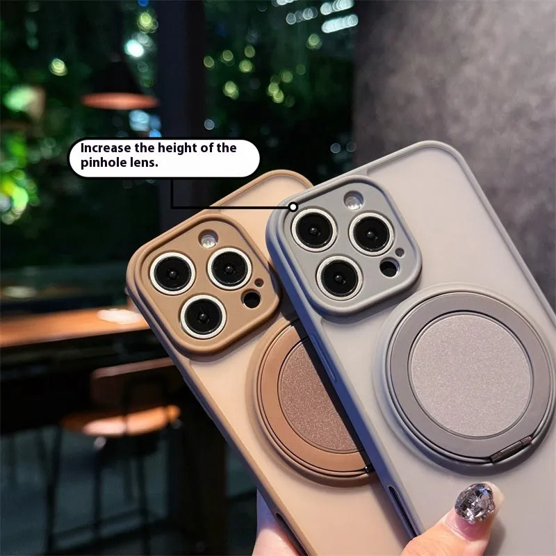 Black frosted phone case for iPhone 17 with a rotating kickstand extended and visible magnetic ring on the back.