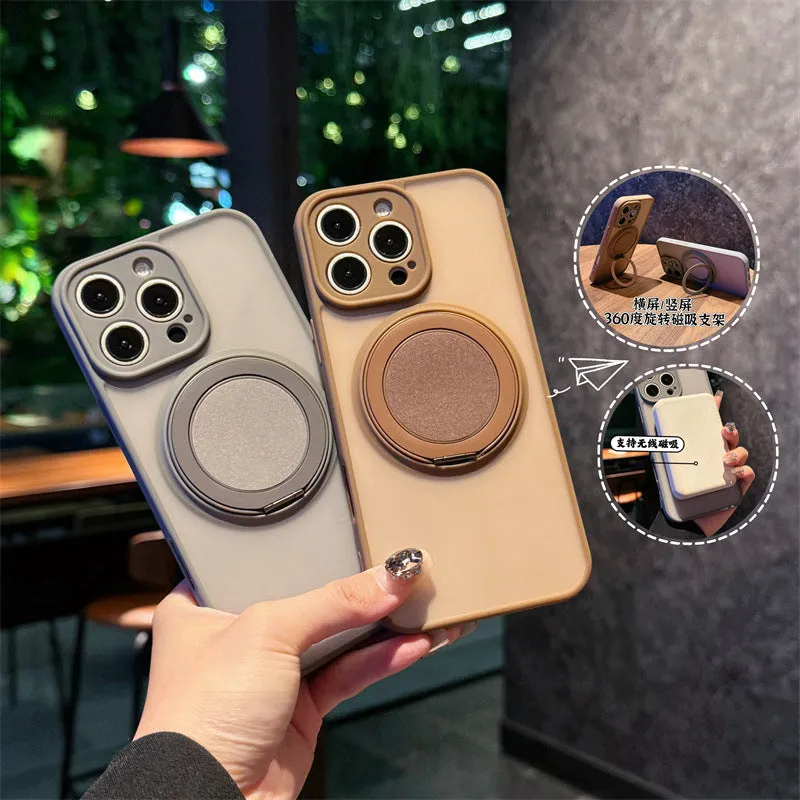 Black frosted phone case for iPhone 17 with a rotating kickstand extended and visible magnetic ring on the back.