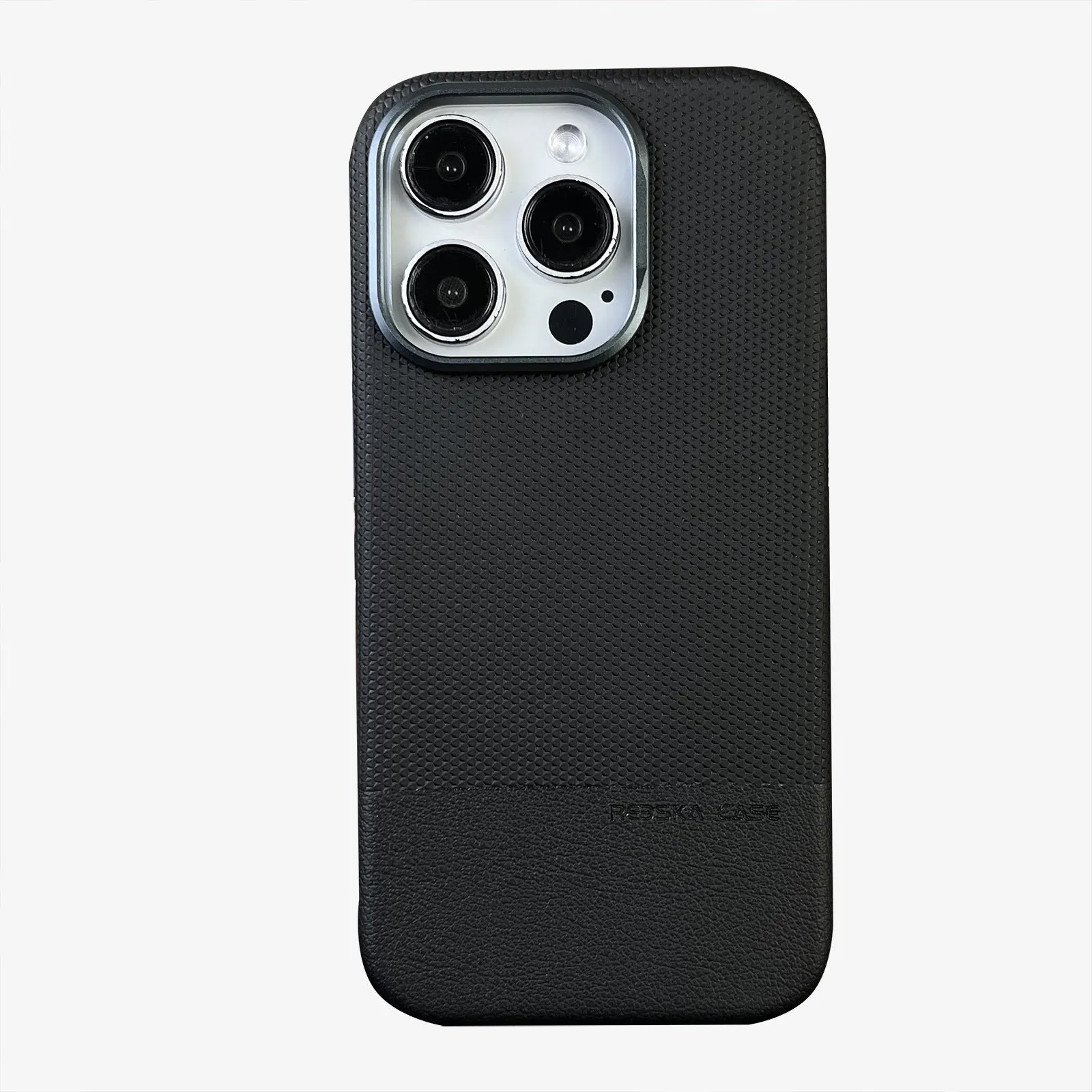 Magnetic iPhone case with dragon scale texture and leather stitching in black colour