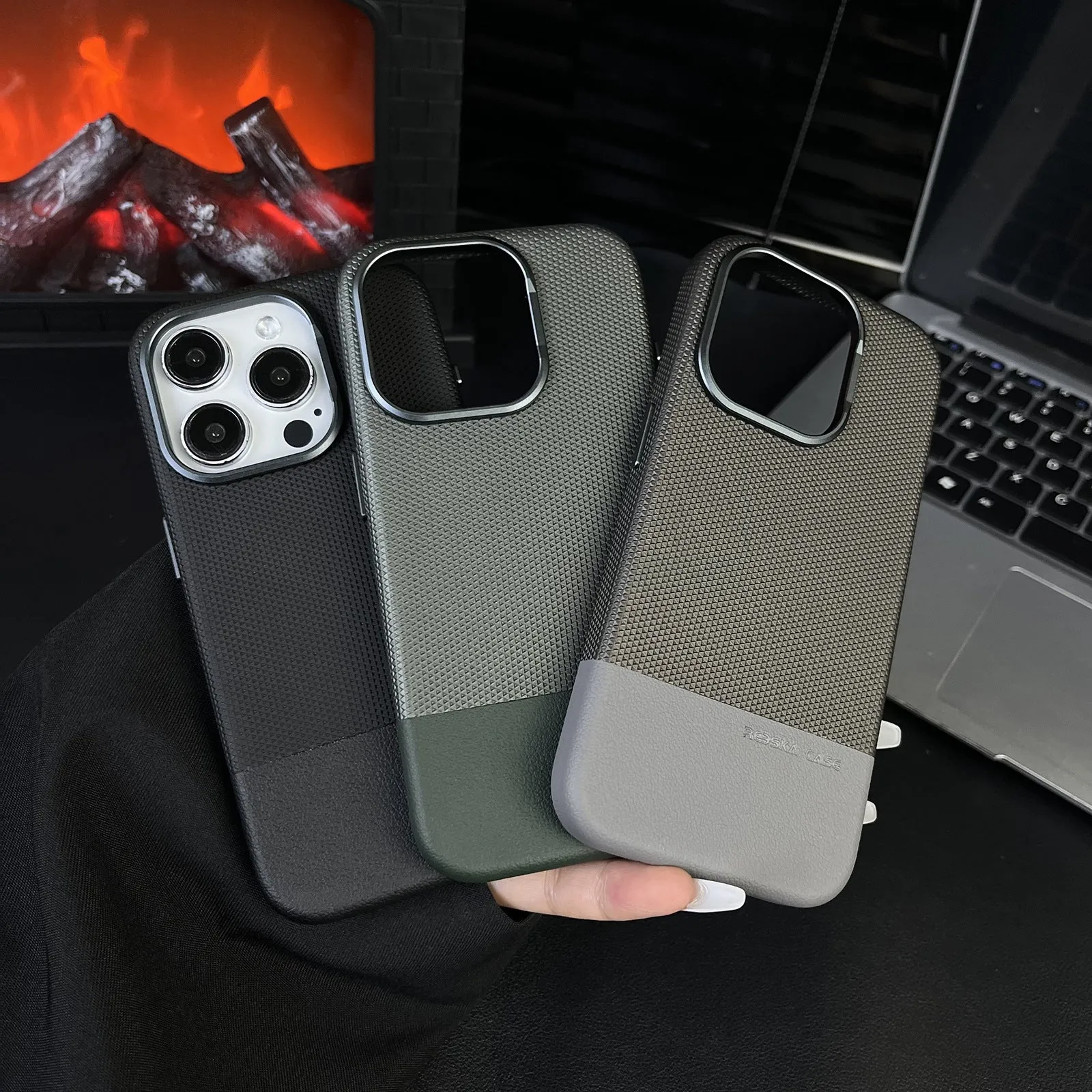 Magnetic iPhone case with dragon scale texture and leather stitching in black colour