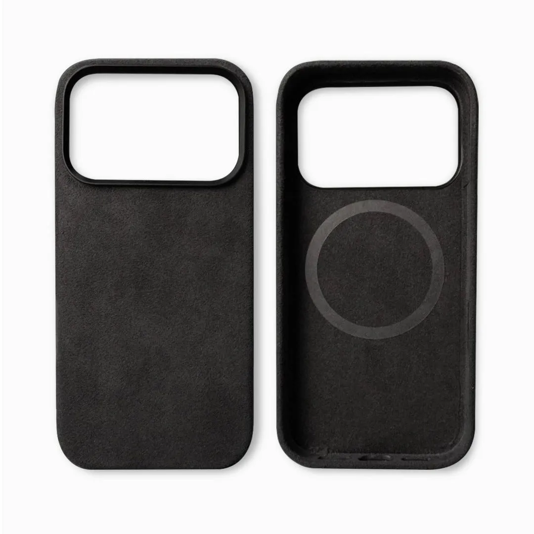 Handmade Alcantara phone case for iPhone 17 Pro Max, dark gray, with magnetic suction and anti-fingerprint finish